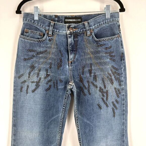 Vintage Express Women's Studded Feather Design Bootcut Jeans Blue Denim Size 5/6 - Picture 3 of 12